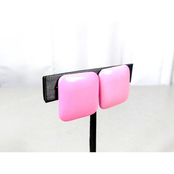 Pink Oversized Square Button Style Pierced Earrings Pushback Closure - Picture 3 of 7